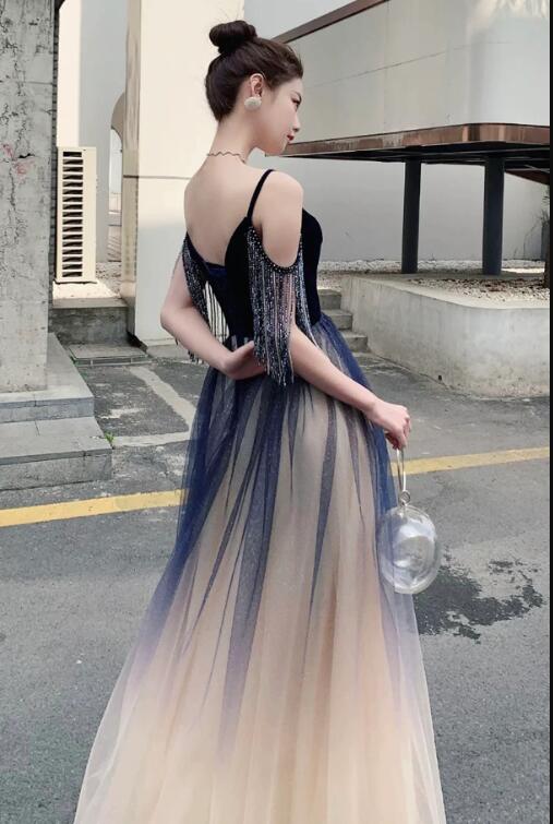 Blue Ombre Tulle V-Neck Long Party Dress, A-line Prom Dress