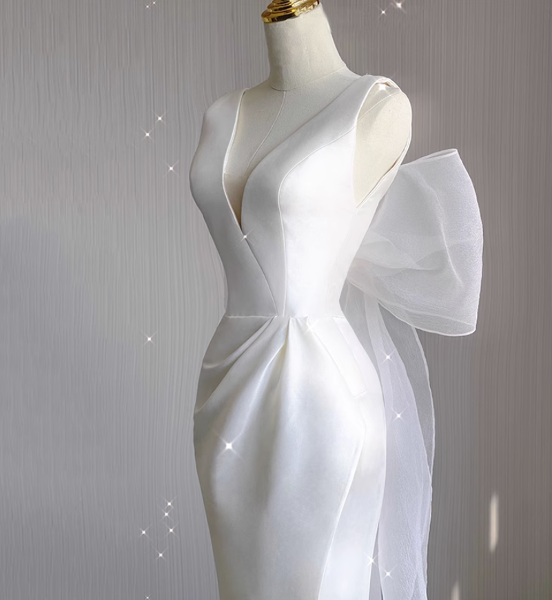 light wedding dress satin new white V-neck high-end fishtail ball gown banquet party dress