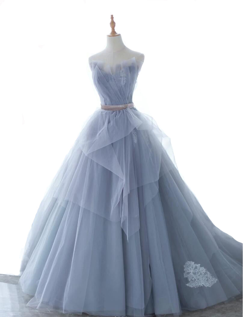 Blue evening dress sexy sexy elegant bow backless A-line ball gown strapless long princess dress