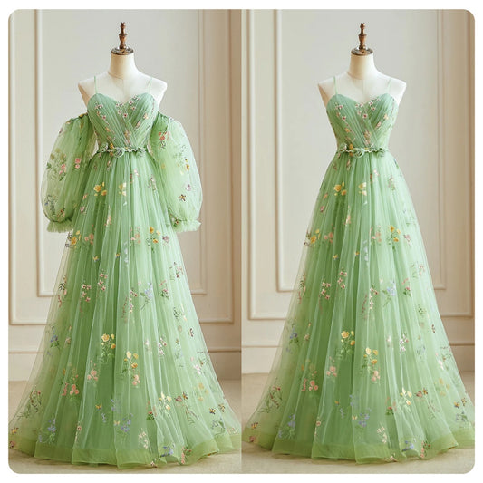 Detachable Lace Tulle Long Sleeve A Line Green Floral Tulle Lace Long Sleeve Ball Gown Green Long Evening Gown Party Dress.webp