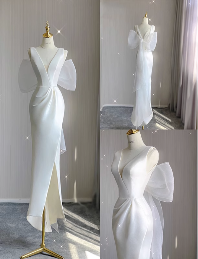 light wedding dress satin new white V-neck high-end fishtail ball gown banquet party dress