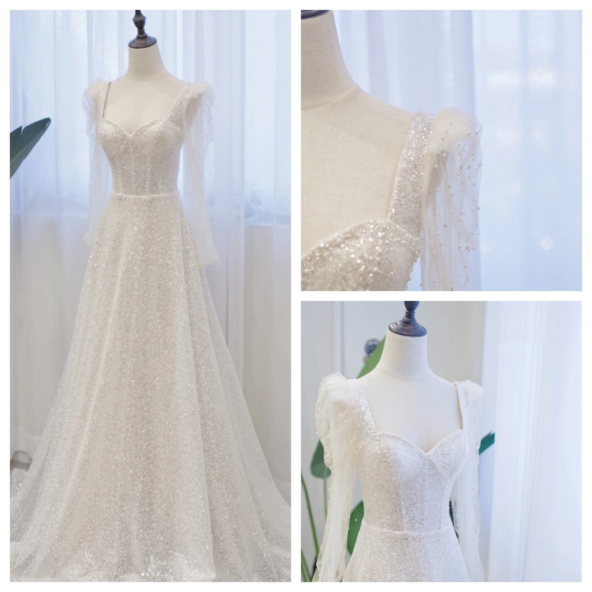 Luxurious Love Neck Bead Embroidered Long Sleeve A-Line Wedding Dress Wedding Dress