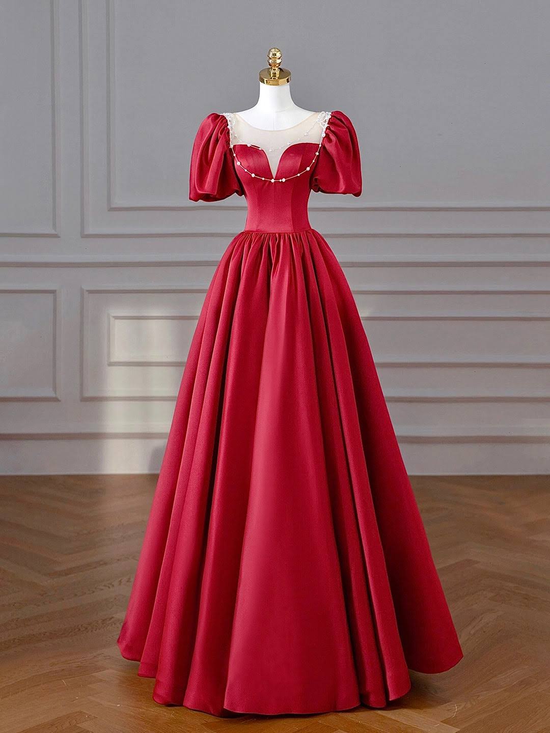 Elegant Burgundy A-Line Puff Sleeve Satin V-Neck Side Slit Pearl Lace Long Wedding Prom Homecoming Dress