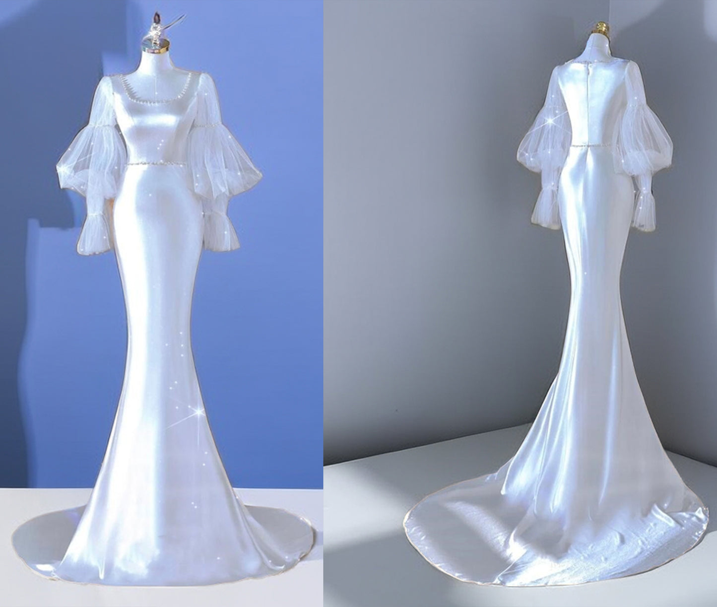 Luxurious fishtail soft satin elegant square neck long sleeve small tail bridal gown prom dress