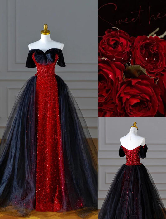 New A-line black and red matching dazzling ball gown banquet dress