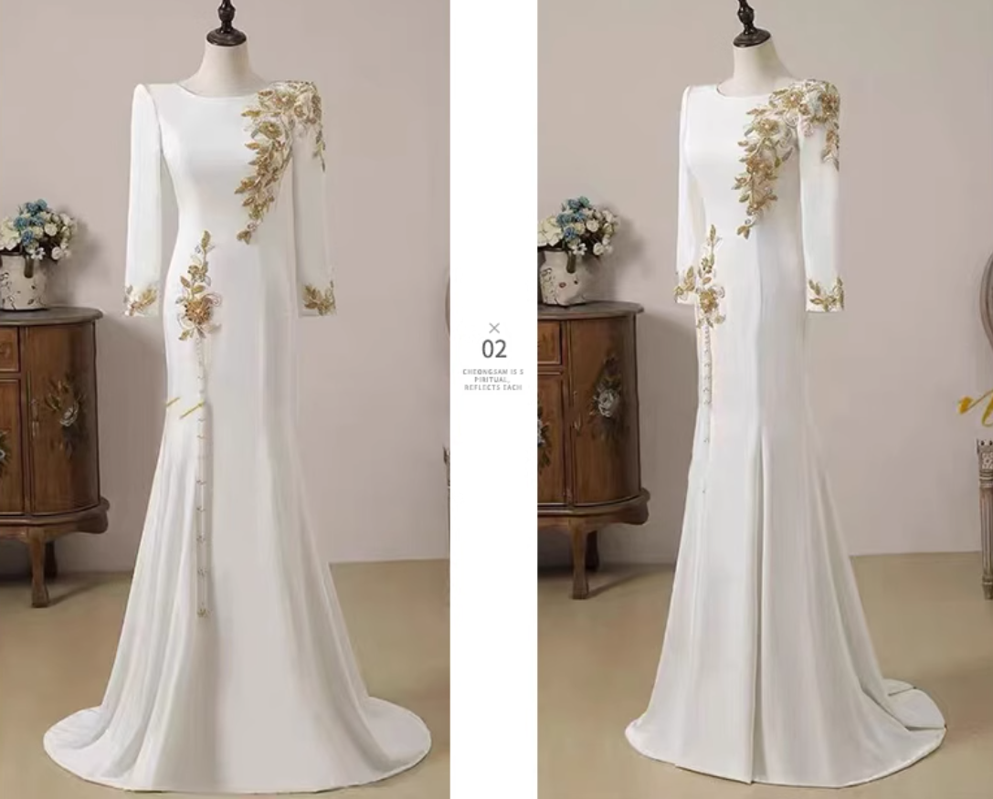 White Plain High Neck Lace Appliqué Handmade Custom Gold Decorative Foliage Long Sleeve Mermaid Ball Dress