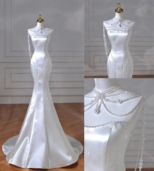 Elegant Mermaid Pearl Satin Mermaid Wedding Ball Gown